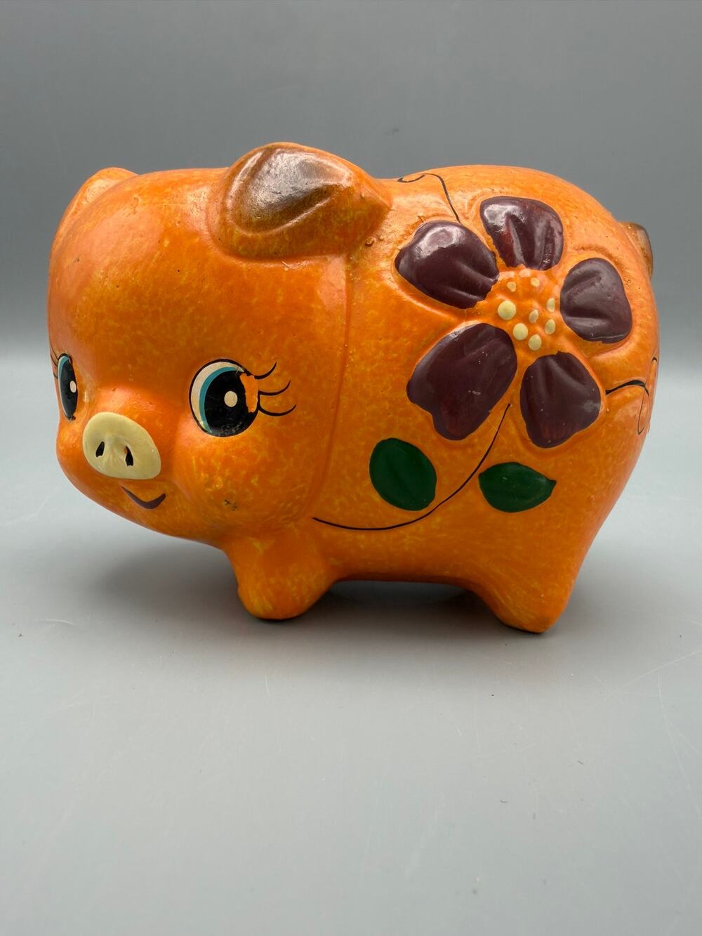Hand Painted Orange Ceramic Piggy Bank Floral Flower Design Coin Bank
